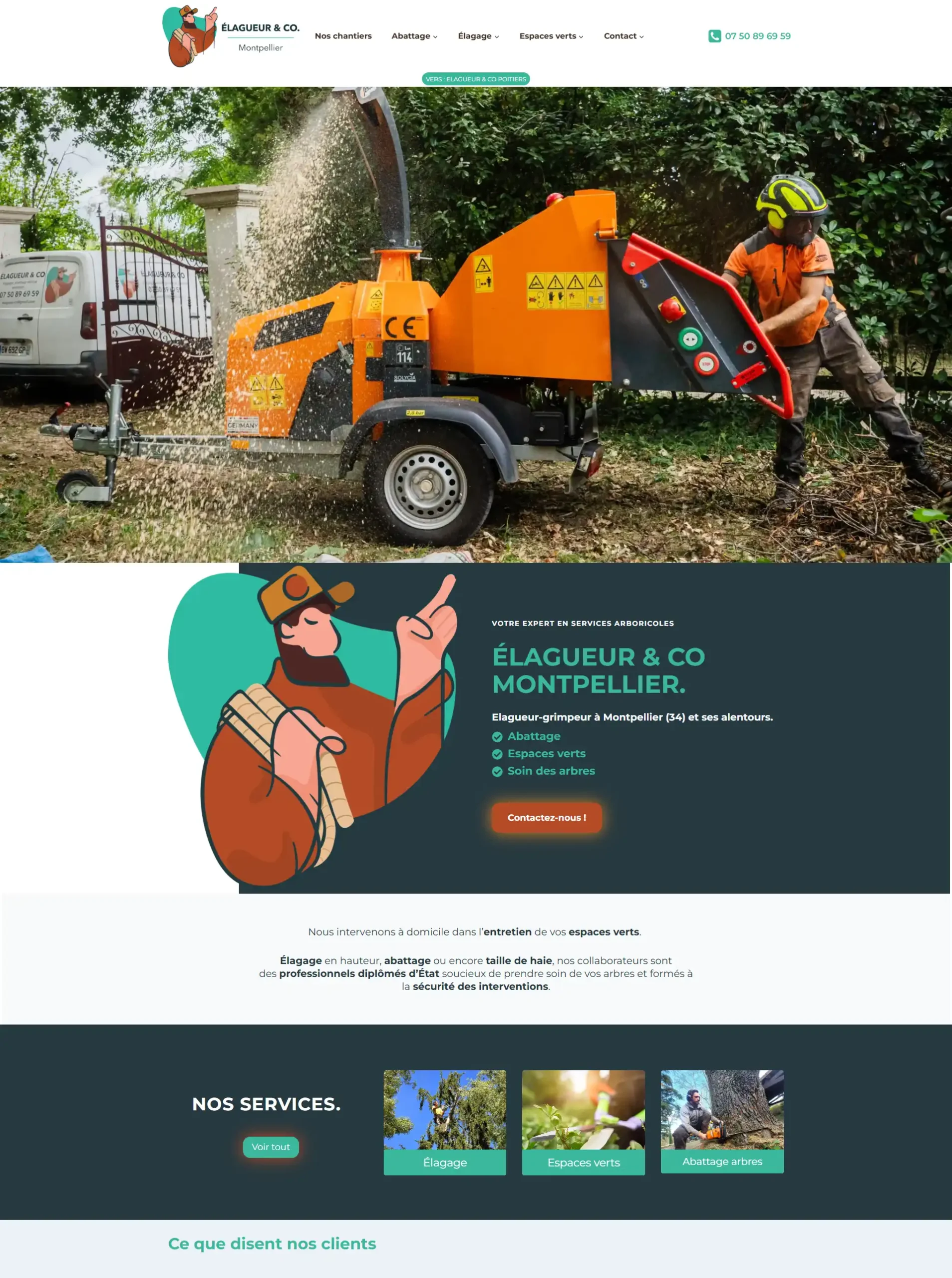 Image du site d'Elagueur and co partenaire développant son activité autour de l'élagage et l'arboriculture. Créé par WebGurus sur Poitiers